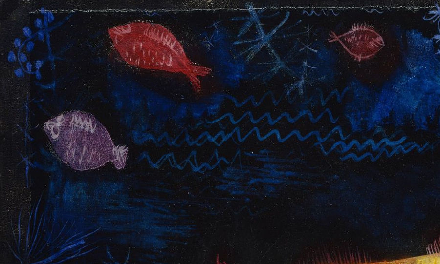 Detail 1: The smaller fish and blue lines in the upper left in The Goldfish